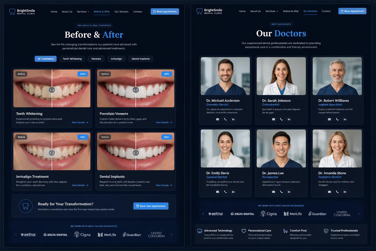 Before/after gallery and doctor profiles